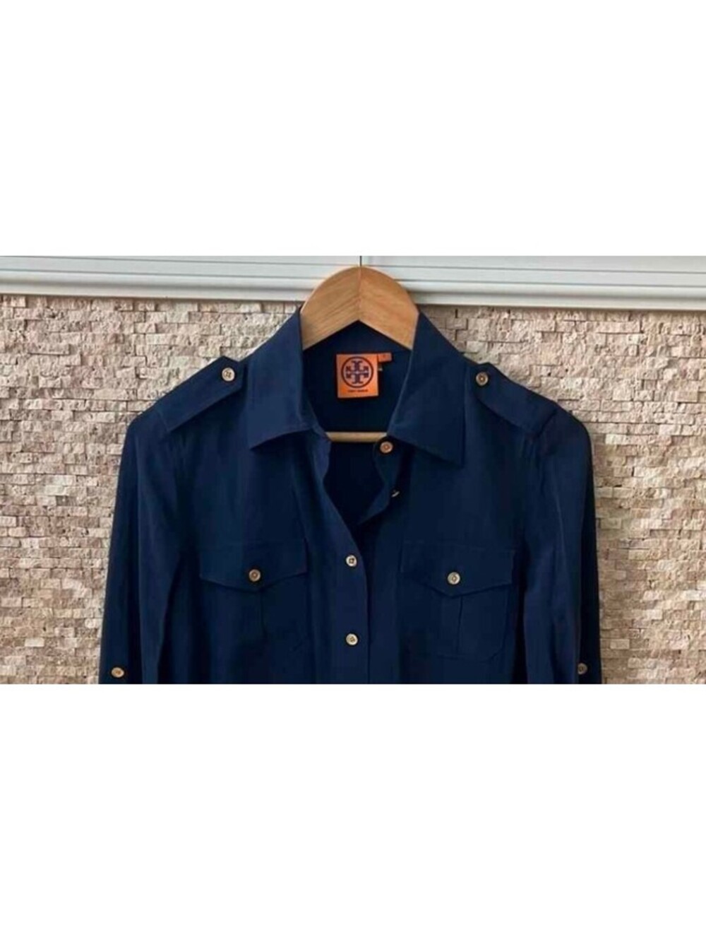 Tory Burch Navy Silk Woven Collared Button-Up Shirt Long Sleeve Pockets L